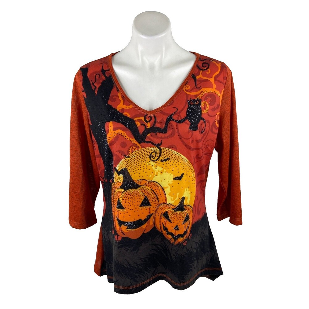 Ongue Casual Women XL Halloween Blouse Orange Rhinestone Jack O Lantern Bat